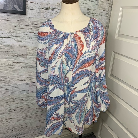 Chaps Boho White Blue Floral Tunic Blouse Flowy Round Neck Balloon Sleeves Sz L - Picture 11 of 11